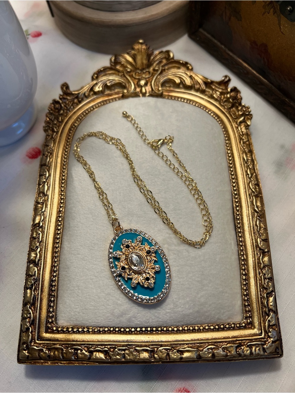 Gold-Tone Turquoise Oval Pendant Necklace with Crystal Accent